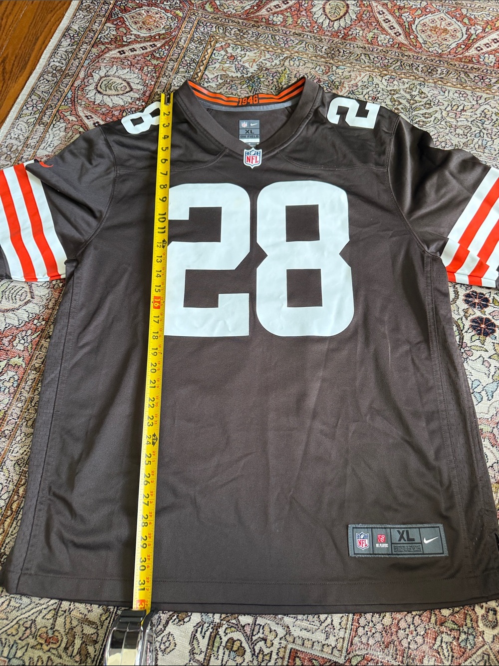 Nike Brown and White #28 Football Jersey with Orange Sleeve Stripes 🧡🤎